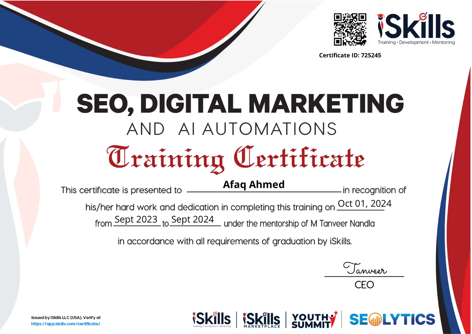 iSkills training certificate awarded to Afaq Ahmed for SEO, Digital Marketing and AI Automations