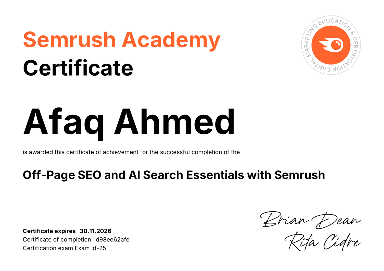 SEMrush Academy certificate awarded to Afaq Ahmed for Off-Page SEO and AI Search Essentials